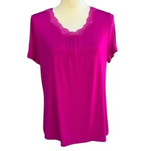 AMBRIELLE Women's Top Size M Purple Pullover Lace Short Sleeve Round Neck‎